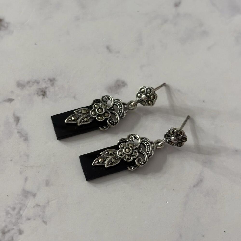 Rectangular Onyx And 925 Sterling Silver Dangling… - image 1